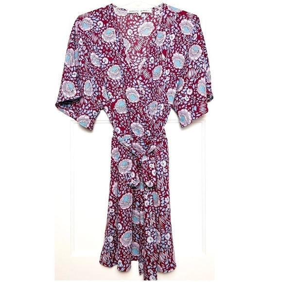 REBECCA MINKOFF 70s Floral Kimono Short Sleeve V-Neck Wrap Tie Waist Dress L - Picture 4 of 7